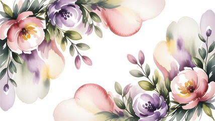 Watercolor floral frame with pink, purple, and green flowers isolated on white background, perfect for wedding invitations, greeting cards, and other designs