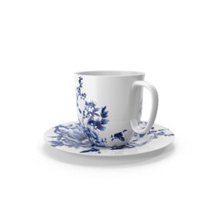 Elegant Antique porcelain cup and saucer with traditional blue floral pattern, isolated PNG
