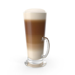 Clear glass mug filled with layered latte coffee featu a frothy top and a distinctive gradient from dark coffee to creamy milk, on a TRANSPARENT background, PNG