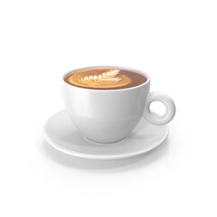 White ceramic cup with minimalist latte art and modern handle, isolated PNG