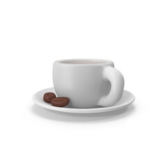 Minimalist white espresso cup with large decorative coffee beans, isolated PNG