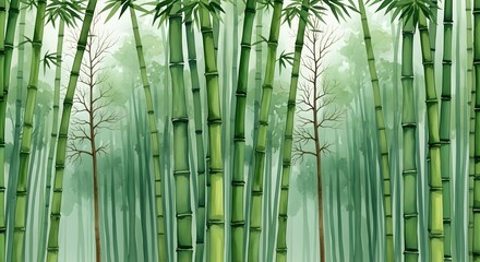 Bamboo Forest Illustration Serene Green Scene with Tall Trees and Nature's Beauty