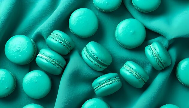 Color of the year Transformative Teal, macaroon cakes scattered on draped natural fabric, interior horizontal poster, wallpaper on the screen, modern style and design,close up of colorful macaroons