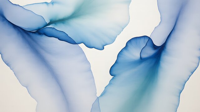 Elegant alcohol ink painting featuring delicate blue hues and soft, flowing shapes isolated on white background, creating a calming and ethereal abstract design