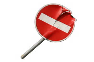 Broken no entry road sign symbolizing restriction, prohibition, warning, and decay, on transparent background