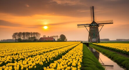 Dutch windmill amidst a tulip field at sunset under a golden sky
