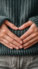 Pregnant woman wearing cozy sweater holding belly with hands in heart shape symbolizing wellness and relaxation while practicing meditation and reiki for calmness and balance