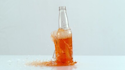 Bottle of orange soda falling and breaking in slow motion - Powered by Adobe
