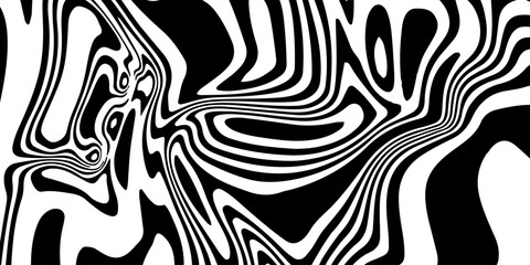 Psychedelic Black and White Abstract Fluid Pattern with Distorted Wavy Lines and Optical Illusion Effect.