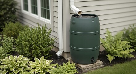 Green Rain Barrel Collecting Water from Downspout Next to Residential House for Conservation.