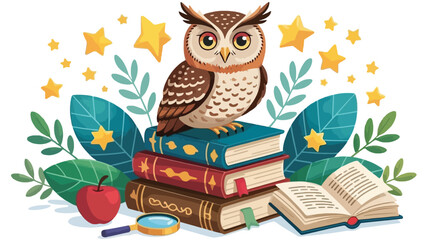 Wise owl sitting on stack of books with stars and apple
