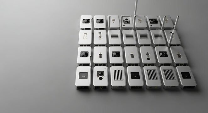 Grid of numerous small white electronic devices arranged neatly on a light gray surface representing modern technology and connectivity.