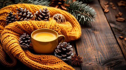 A cup of hot drink among pine branches, cones, and star anise on a wooden table. Cozy winter and festive mood. Bright yellow knitted plaid brings warmth to the composition