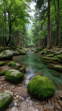 Peaceful forest clearing with a crystal clear stream flowing over moss covered rocks and surrounded by lush green trees in daylight