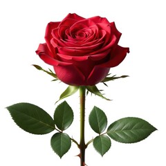 Fototapeta premium A single vibrant red rose on a stem with green leaves