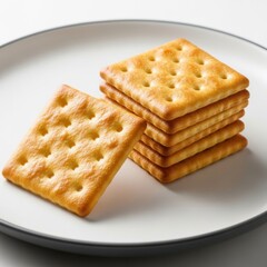 Golden square crackers stacked on a white plate