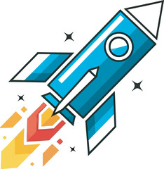 Dynamic blue rocket blasting off into space with vibrant fiery exhaust and sparkling stars.