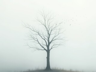 Obraz premium Bare winter tree with flock of birds resting on branches