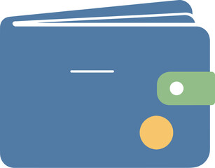 Simple blue wallet with green clasp and yellow coin symbol, representing finance and security