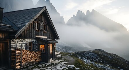 Rustic mountain cabin nestled in misty alpine landscape at dawn.