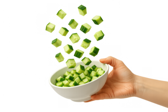 Chopped cucumber cubes falling into a white bowl held by a hand, preparing a fresh healthy salad on transparent background
