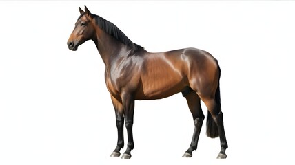 Naklejka premium Majestic bay horse stands proudly, showcasing sleek coat and powerful build, perfect for equestrian themes, nature, and sports visuals