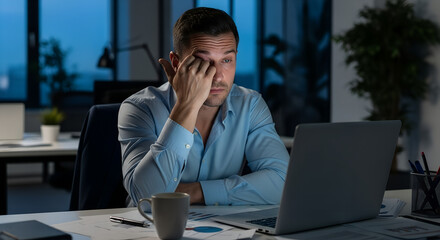 Man looking stressed while working late on laptop in office