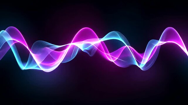 Glowing neon wave lines, pink and blue, against a dark background