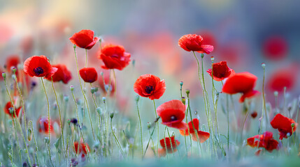 Obraz premium sedative. Field of poppy flowers swaying in gentle breeze, botanical tranquility scene. gardening catalogs, home-decor guides, designed for home decor and floral branding.