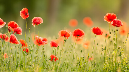 Obraz premium sedative. Field of poppy flowers swaying in gentle breeze, botanical tranquility scene. gardening catalogs, home-decor guides, designed for home decor and floral branding.