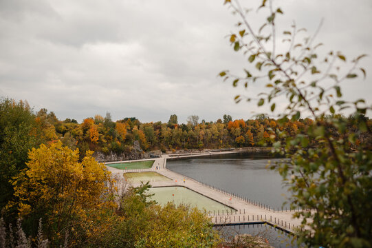 Autumn Lake with Wooden Walkway