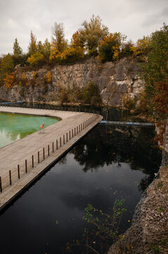 Autumn Quarry Pond with Wooden Walkway