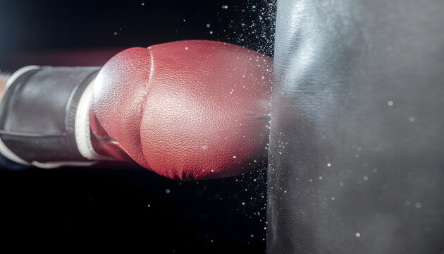 Close-Up of Red Boxing Glove Hitting Black Punching Bag - Powered by Adobe