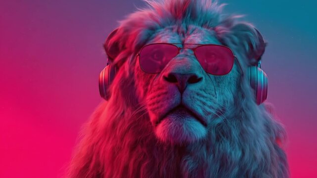 A regal lion wearing neon pink sunglasses and headphones, bathed in vibrant pink and blue glow lit up