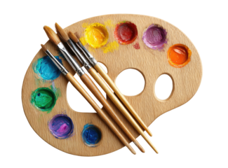 Wooden artist's palette with colorful paints and brushes (2)