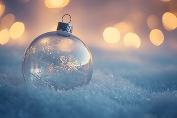 Delicate translucent glass Christmas bauble on snow against a background of soft glowing party lights.
