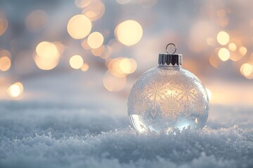 Delicate translucent glass Christmas bauble on snow against a background of soft glowing party lights.
