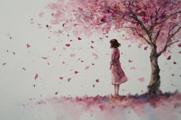 watercolor portrait of person standing under blooming tree, petals falling softly, calm joy 