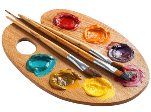 Wooden art palette with brushes and colorful paint blobs