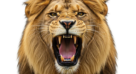 Close-up of a roaring lion's face with an open mouth on a