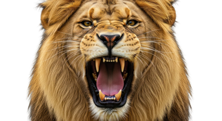 Close-up of a roaring lion's face with an open mouth on a