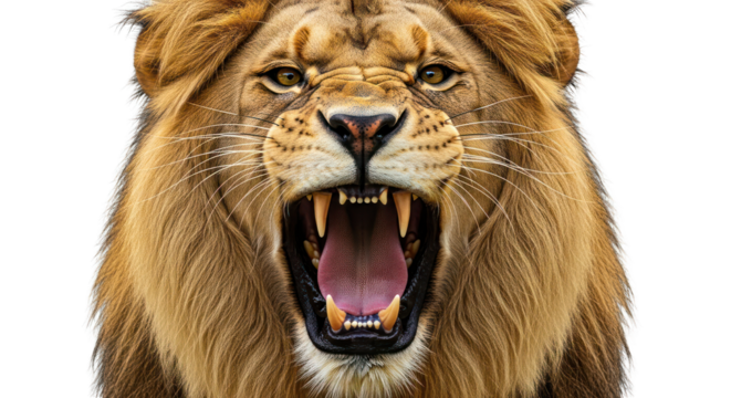 Close-up of a roaring lion's face with an open mouth on a