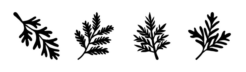 Fototapeta premium Four stylized black fern leaves vector set botanical illustration elements.