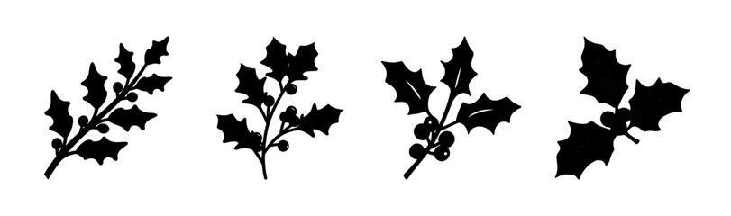 Four holly sprig silhouettes set distressed grunge style christmas decor vector