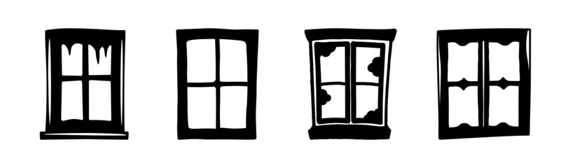 Four black and white hand drawn window frames set vector illustration graphic design