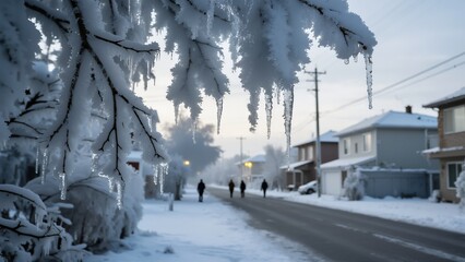 Fototapeta premium Snow-covered street with icicles hanging from trees and people walking in winter