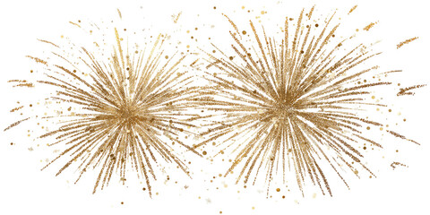 Two golden fireworks explode against a black background