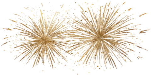 Two golden fireworks explode against a black background