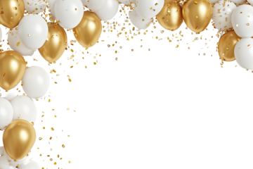 Festive arch of golden and white balloons with confetti