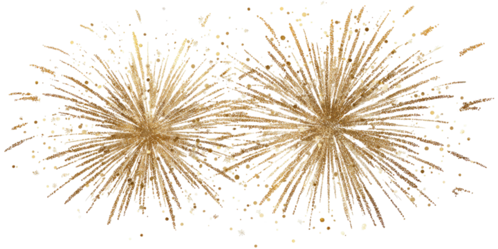 Two golden fireworks explode against a black background